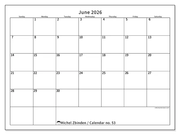 Printable June 2026 calendar - Efficient schedule - Week from Sunday to Saturday