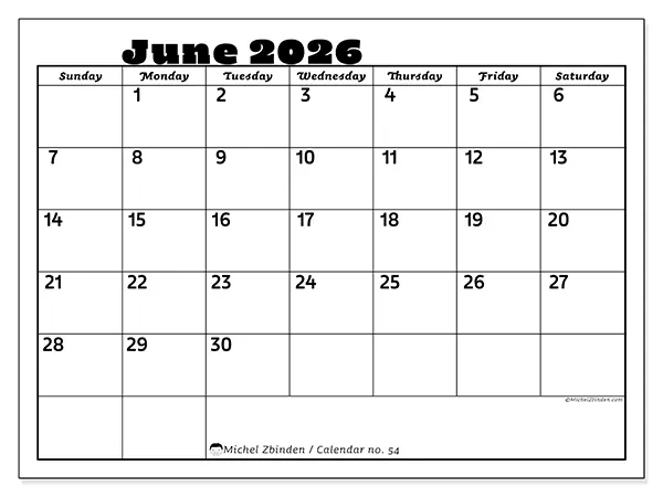 Printable June 2026 calendar - Family activities - Week from Sunday to Saturday