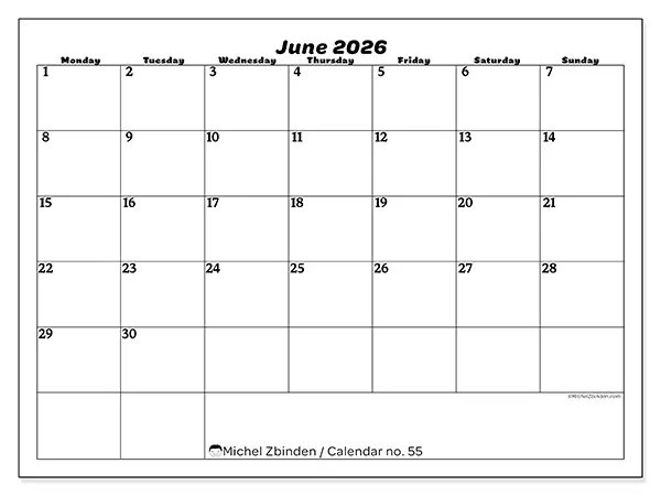 Printable June 2026 calendar - Leisure organization