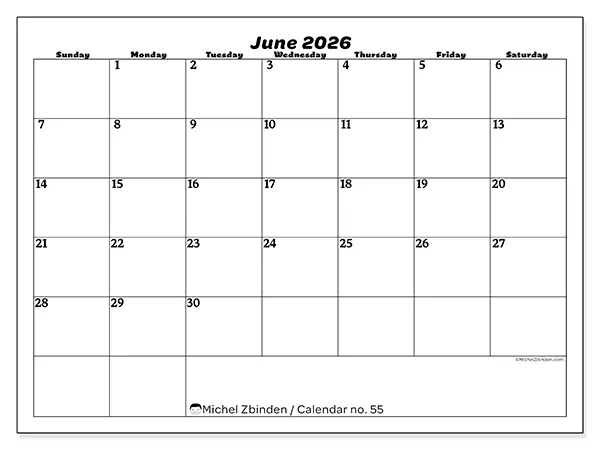 Printable June 2026 calendar - Leisure organization - Week from Sunday to Saturday
