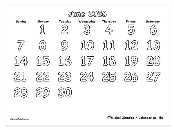 Printable June 2026 calendar - Useful coloring - Week from Sunday to Saturday