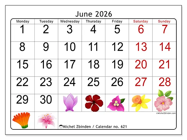 Printable June 2026 calendar - Big flowers