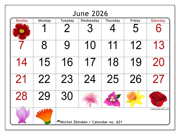 Printable June 2026 calendar - Big flowers - Week from Sunday to Saturday