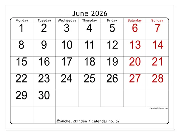 Printable June 2026 calendar - Speed reading