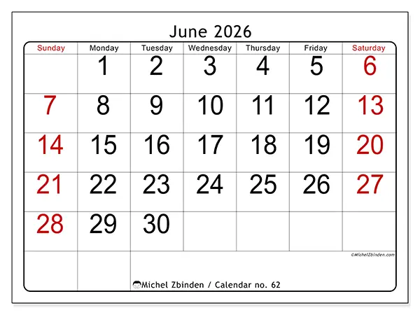 Printable June 2026 calendar - Speed reading - Week from Sunday to Saturday