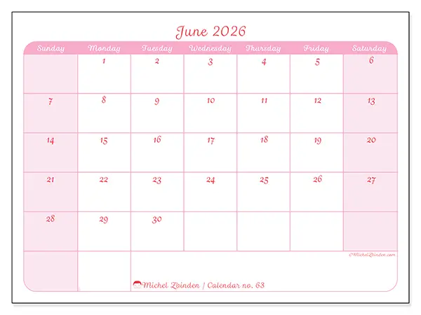 Printable June 2026 calendar - Gentle organization - Week from Sunday to Saturday