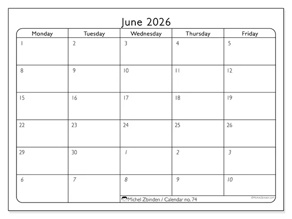 Printable June 2026 calendar - Work organization