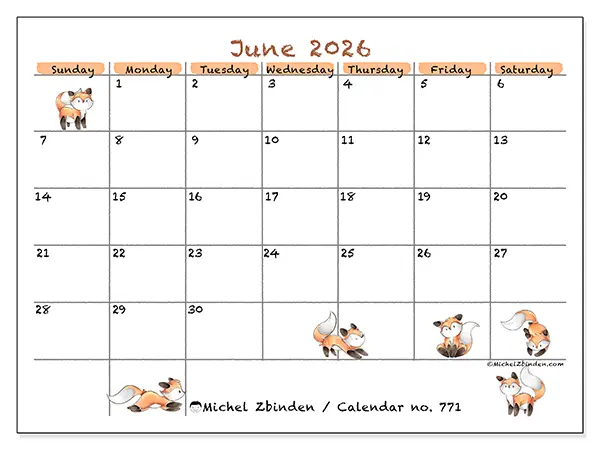 Printable June 2026 calendar - Fox drawings - Week from Sunday to Saturday