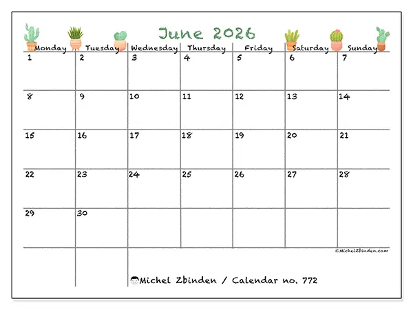 Printable June 2026 calendar - Decorative cactus