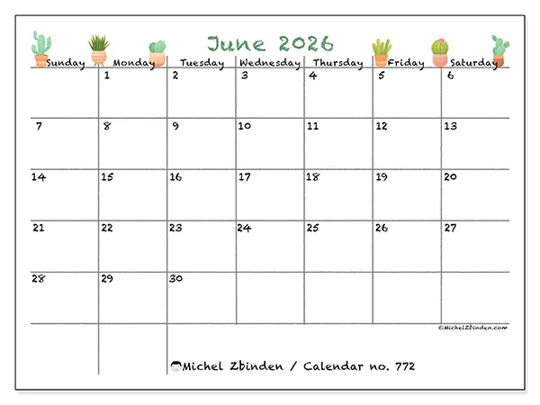 Printable June 2026 calendar - Decorative cactus - Week from Sunday to Saturday