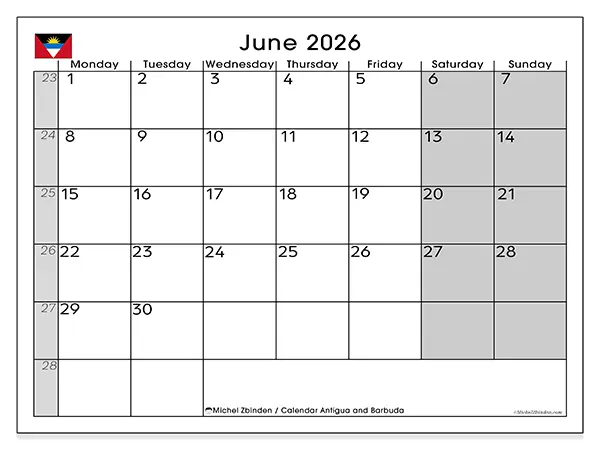 Printable June 2026 calendar - Antigua and Barbuda