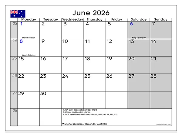 Printable June 2026 calendar - Australia