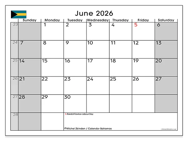 Printable June 2026 calendar - Bahamas