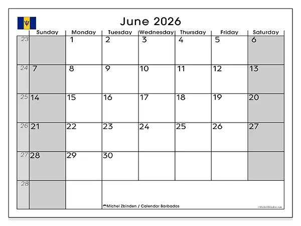 Printable June 2026 calendar - Barbados