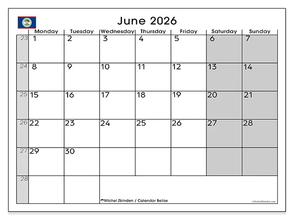 Printable June 2026 calendar - Belize