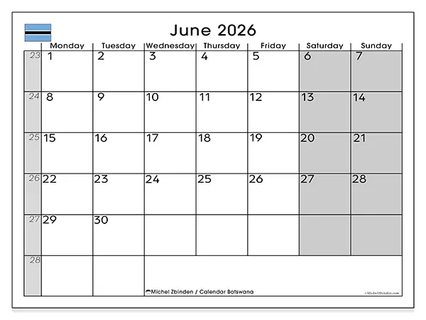 Printable June 2026 calendar - Botswana