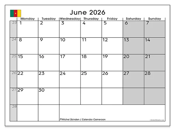 Printable June 2026 calendar - Cameroon