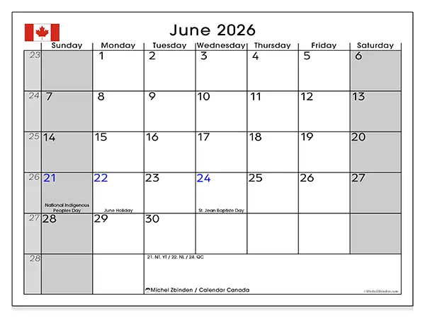 Printable June 2026 calendar - Canada