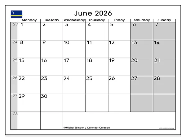 Printable June 2026 calendar - Curaçao
