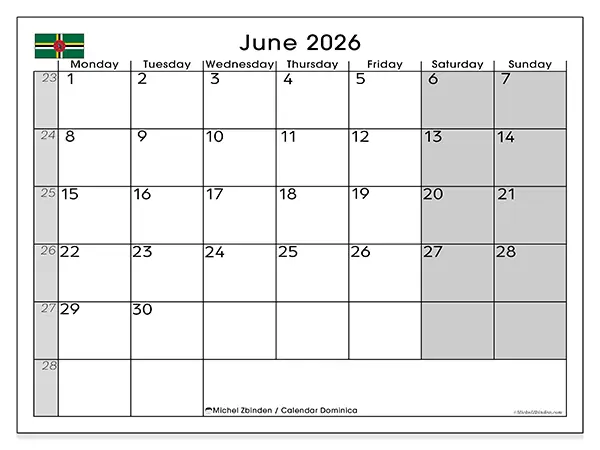 Printable June 2026 calendar - Dominica