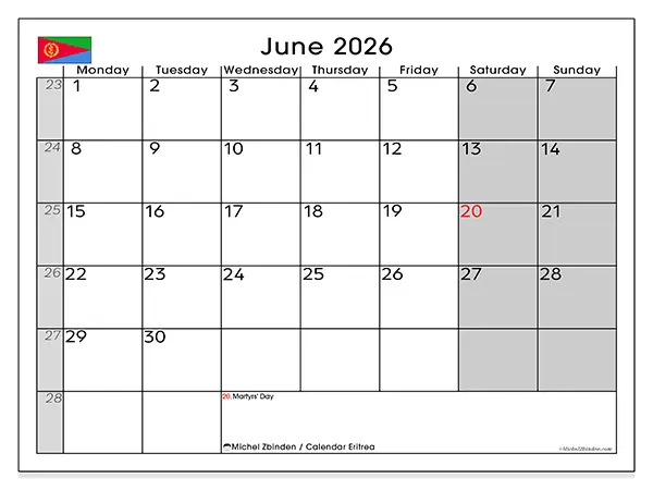 Printable June 2026 calendar - Eritrea