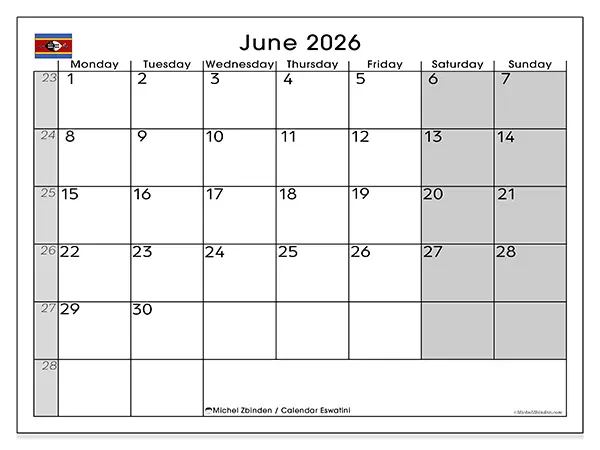 Printable June 2026 calendar - Eswatini