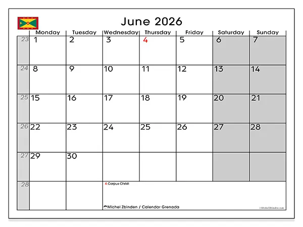 Printable June 2026 calendar - Grenada