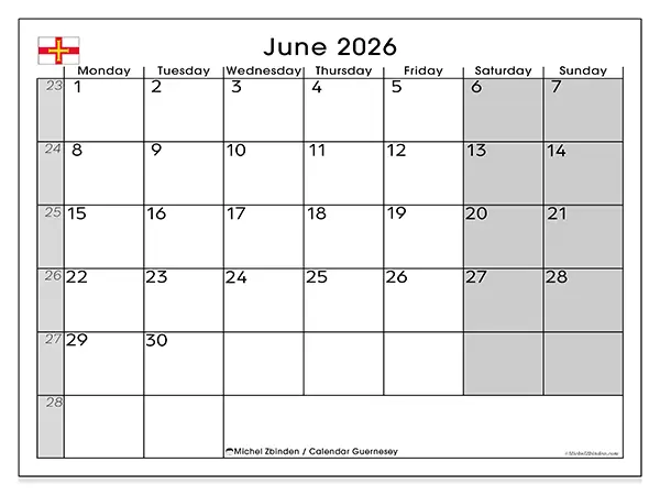 Printable June 2026 calendar - Guernsey