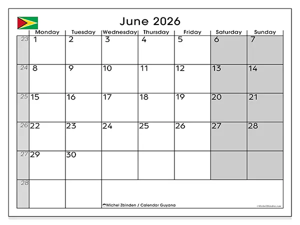 Printable June 2026 calendar - Guyana
