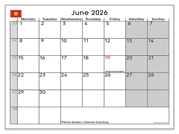 Printable June 2026 calendar - Hong Kong