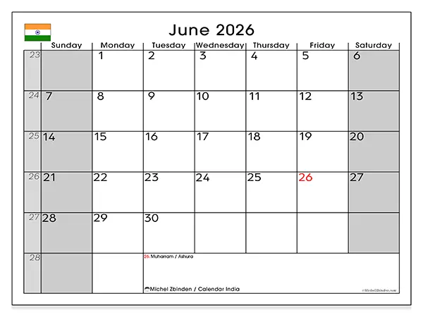 Printable June 2026 calendar - India