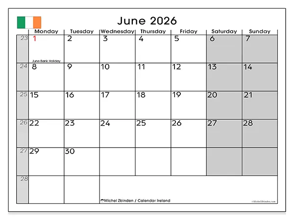 Printable June 2026 calendar - Ireland
