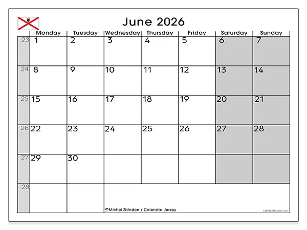 Printable June 2026 calendar - Jersey