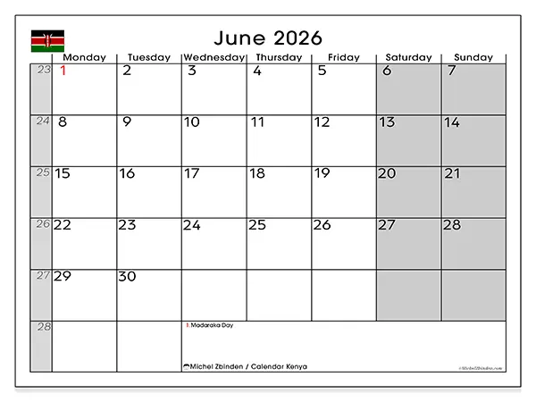 Printable June 2026 calendar - Kenya