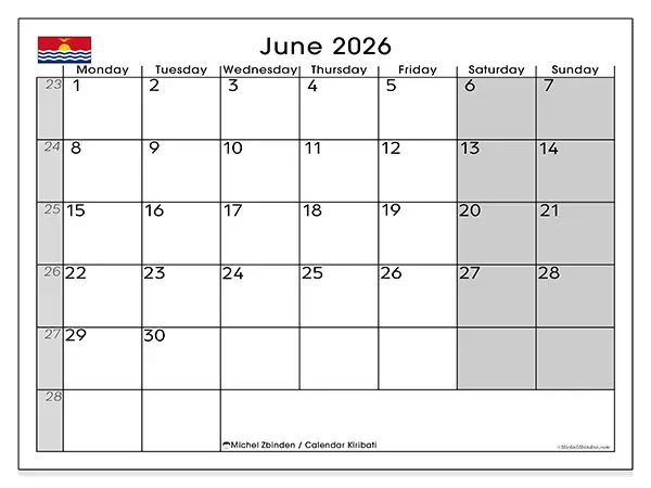 Printable June 2026 calendar - Kiribati