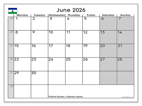 Printable June 2026 calendar - Lesotho