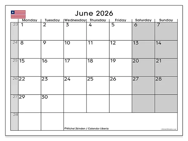 Printable June 2026 calendar - Liberia