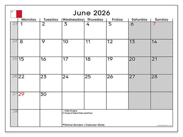 Printable June 2026 calendar - Malta
