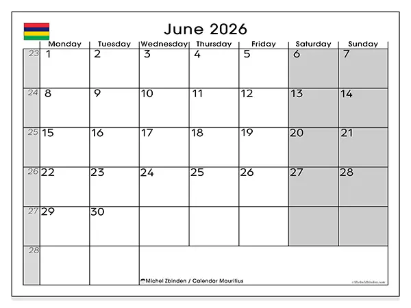 Printable June 2026 calendar - Mauritius