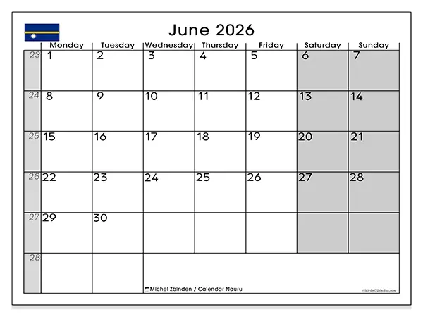 Printable June 2026 calendar - Nauru
