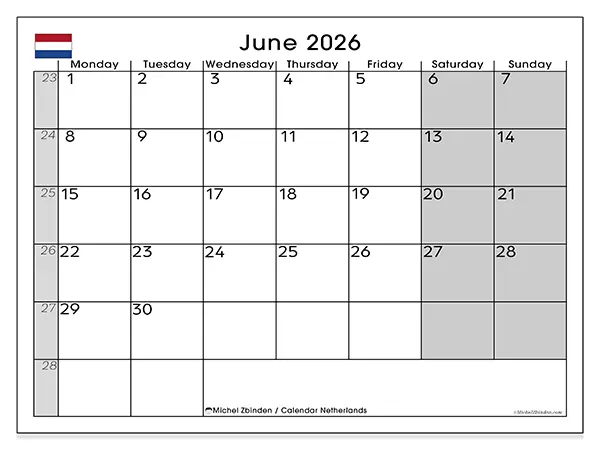 Printable June 2026 calendar - Netherlands