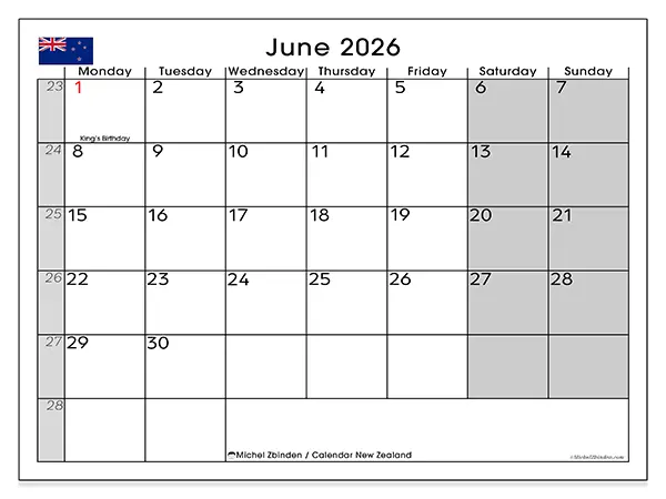 Printable June 2026 calendar - New Zealand