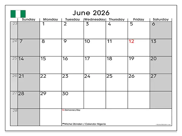 Printable June 2026 calendar - Nigeria