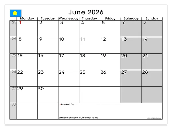 Printable June 2026 calendar - Palau