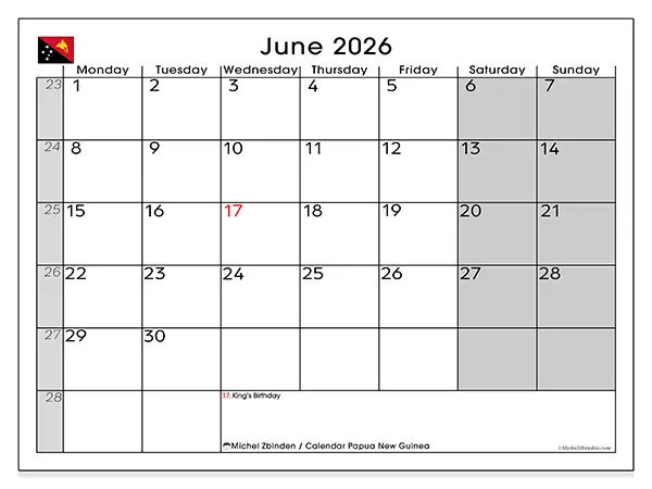 Printable June 2026 calendar - Papua New Guinea