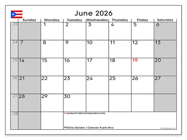 Printable June 2026 calendar - Puerto Rico