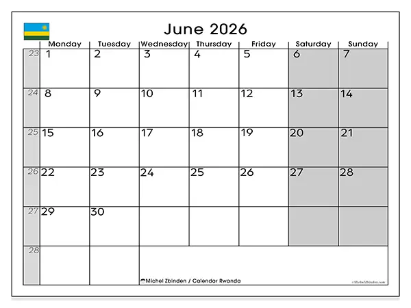 Printable June 2026 calendar - Rwanda
