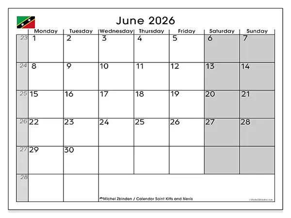 Printable June 2026 calendar - Saint Kitts and Nevis