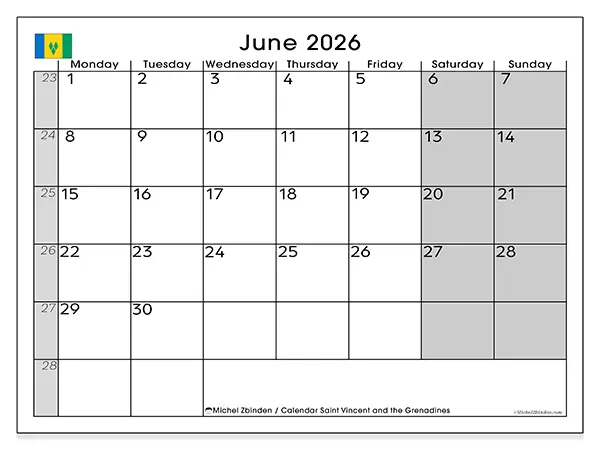 Printable June 2026 calendar - Saint Vincent and the Grenadines