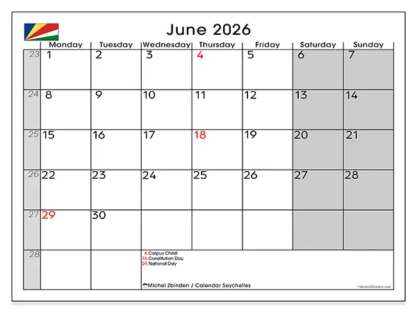 Printable June 2026 calendar - Seychelles